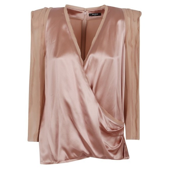 Balmain Tops - Balmain Draped Silk Top With Sheer Puffed Sleeves - NWT